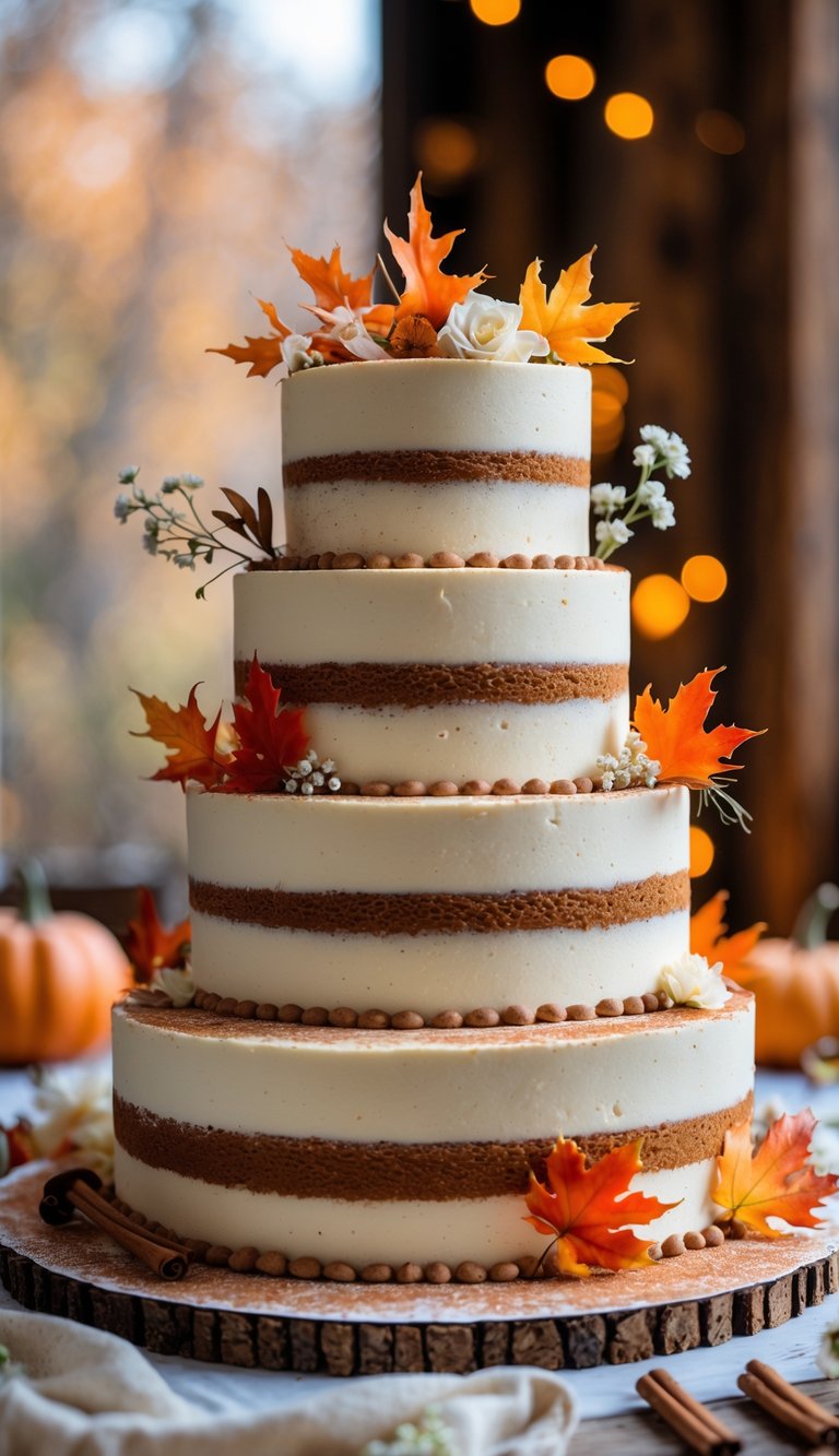 A multi-tiered wedding cake with alternating maple and vanilla layers, decorated with cinnamon dusting and autumn-themed accents.